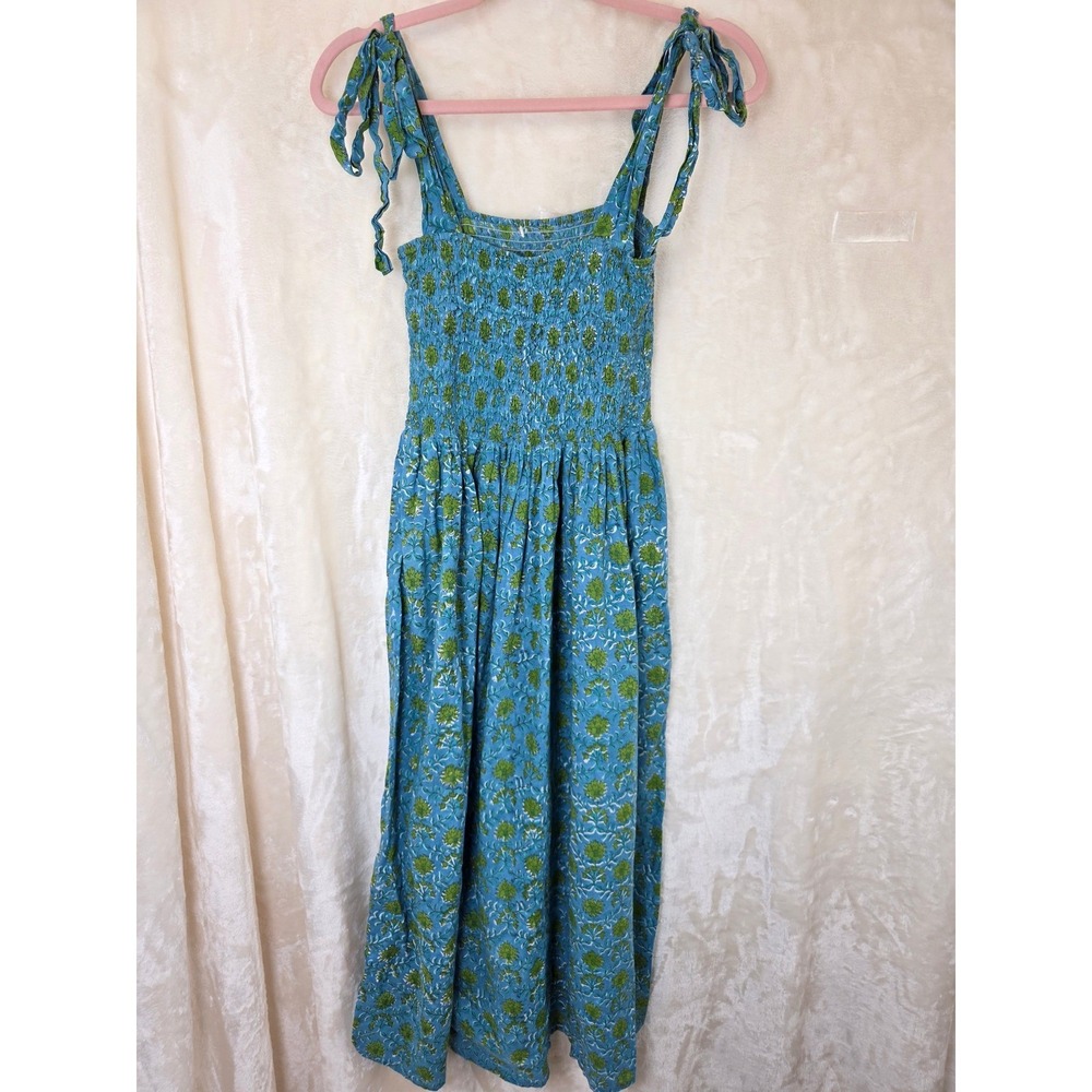 Blue Green Floral Block Print Smocked Tie Shoulder Cotton Midi Dress Size 7